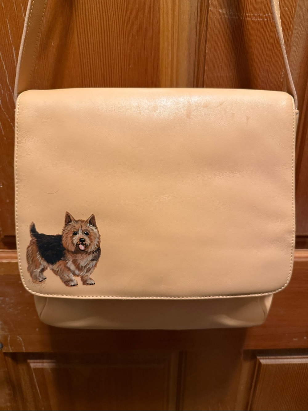 Preston & York Tan Leather Shoulder Bag with NORWICH TERRIER DOG Illustration